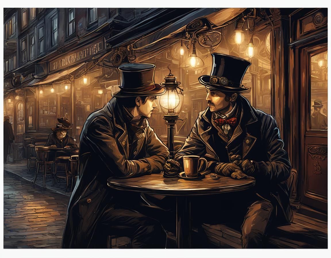 Steampunk Cafe Scene at Night Under Street Lamp