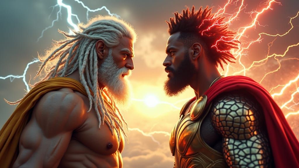 Zeus and Thor Face-Off Atop Stormy Mountaintop