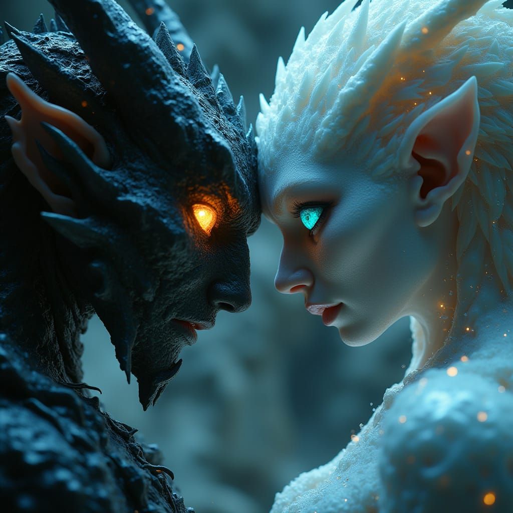 Elemental Beings Clash in Dimly Lit Fantasy Art