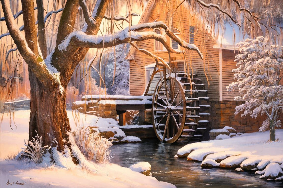 Winter Mill Scene in Oil Painting Style