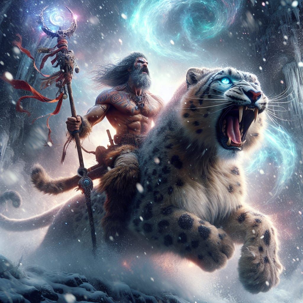 Tribal Warrior Rides Snow Leopard in Blizzard