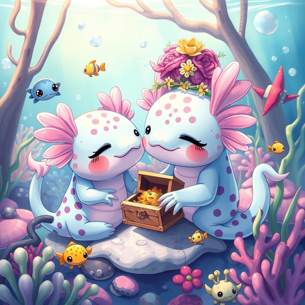 Chibi Axolotls in Vibrant Underwater Garden