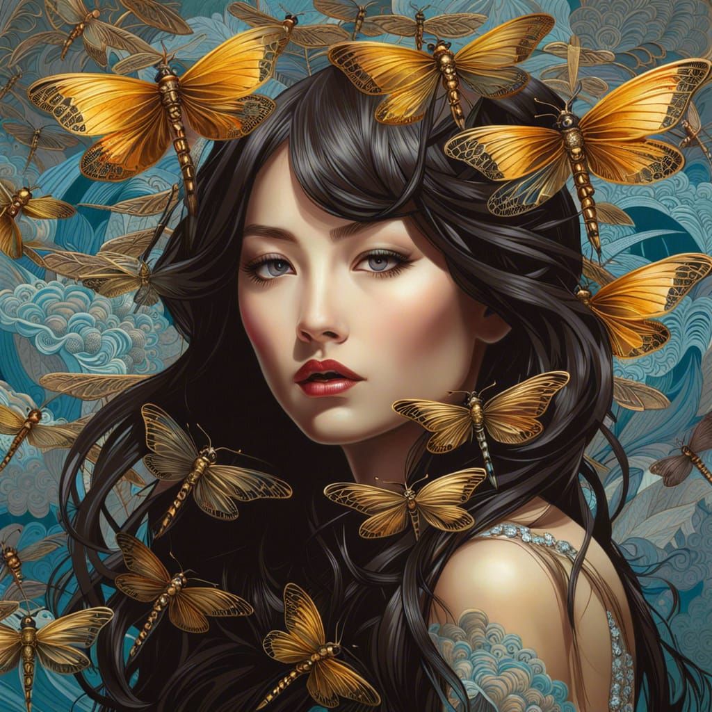 Chinese Woman with Dragonflies in Fantasy Realism