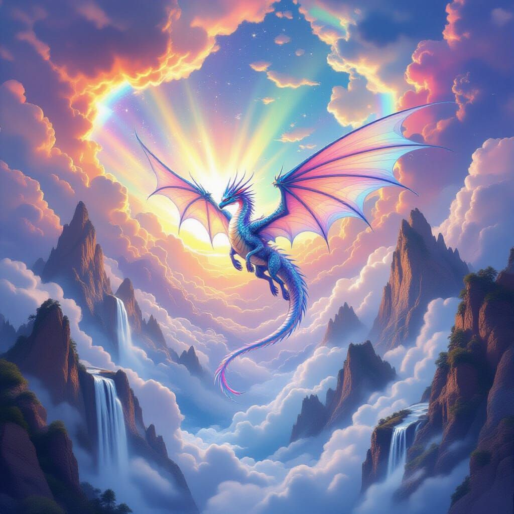 Crystalline Dragon Over Surreal Floating Mountains and Rainb...