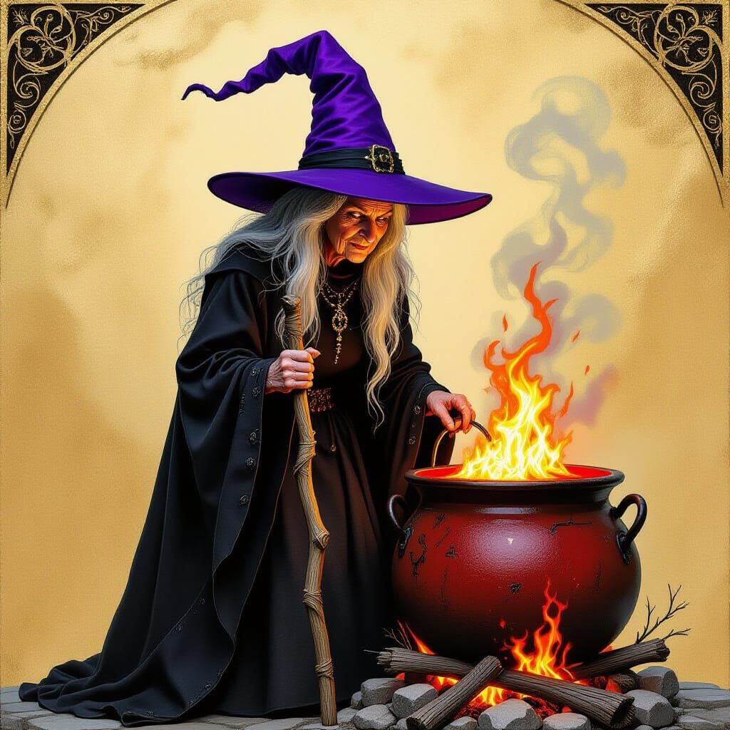 Witch with Cauldron in Mystical Style
