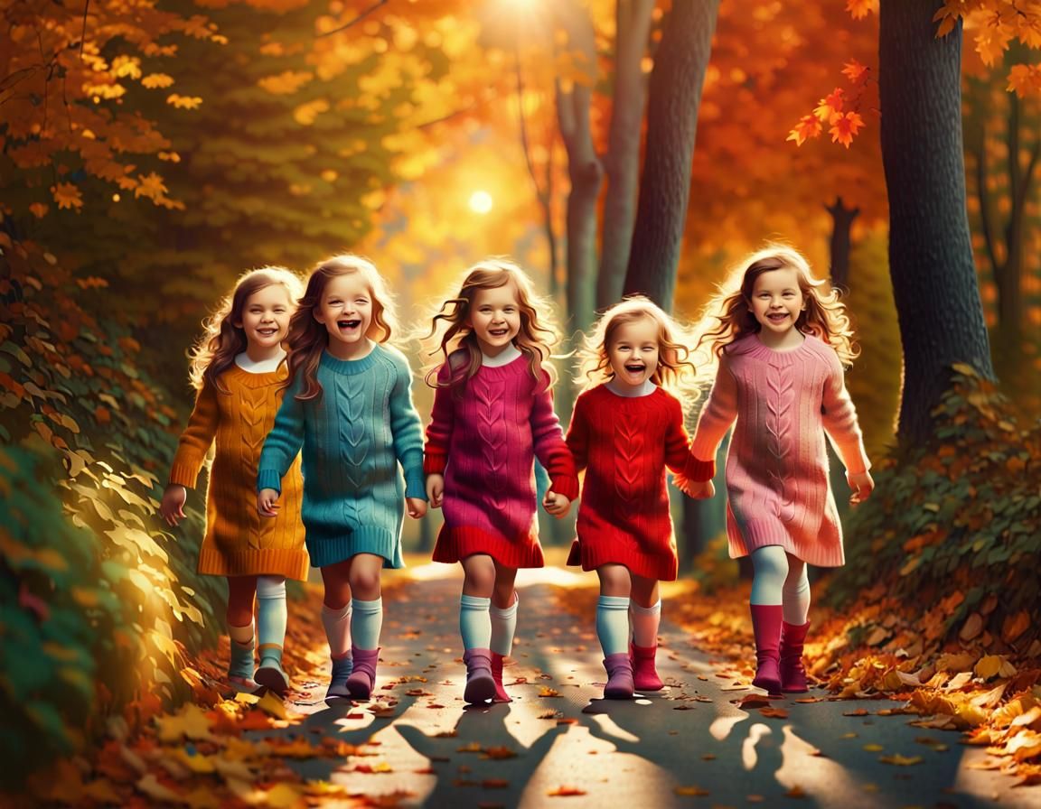 Girls in Sweaters Walk Through Autumn Woods