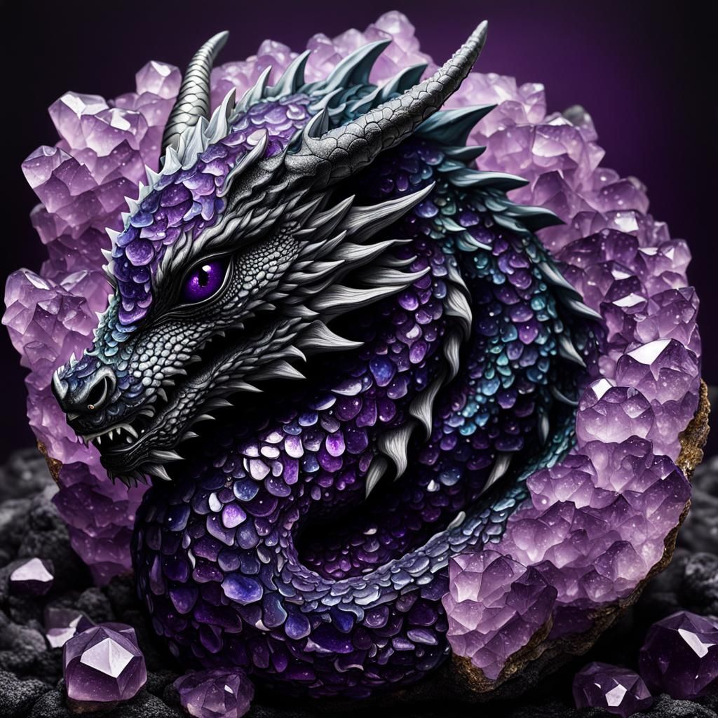 Metallic Dragon Sleeps in Amethyst Geode