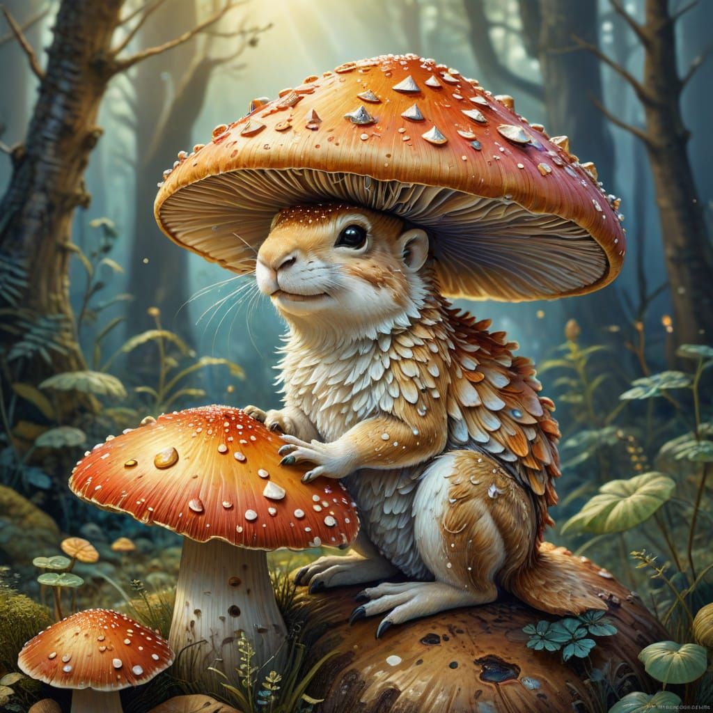 Whimsical Creature on Mushroom in Children's Book Style