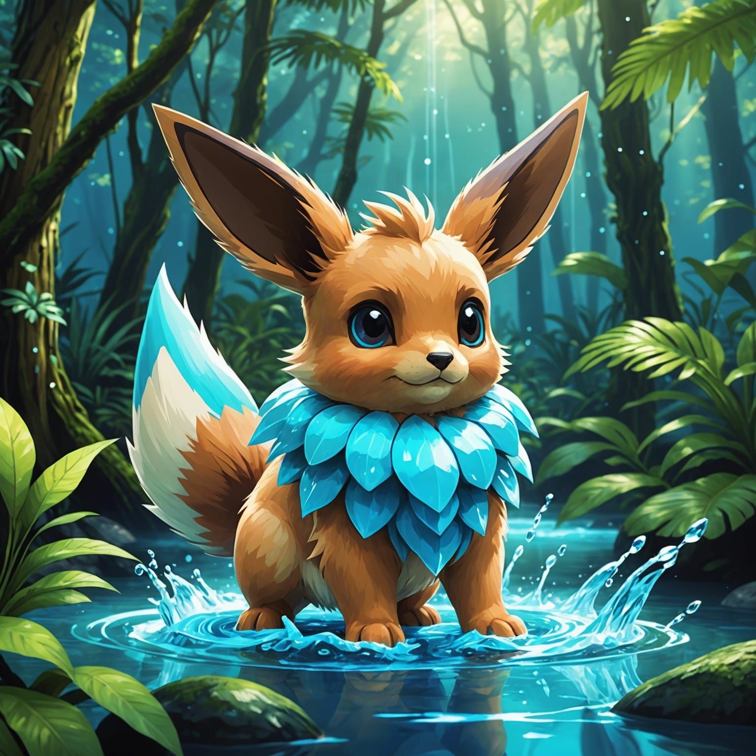 Aquatic Eevee Pokemon in Rainforest, 8K