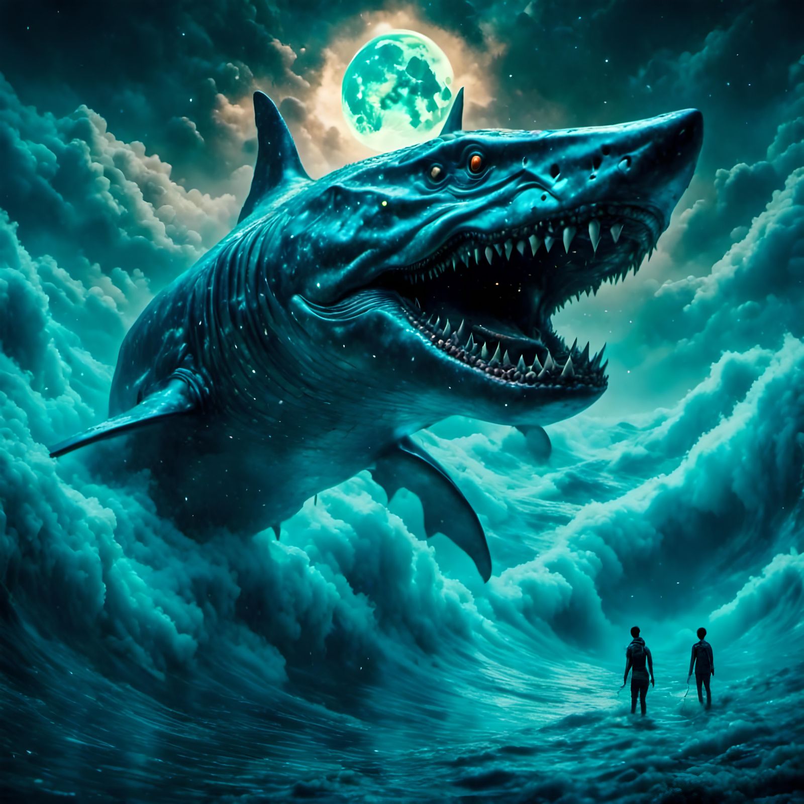 Shark Dragon Hybrid Soaring in Stormy Fantasy Airbrush Art