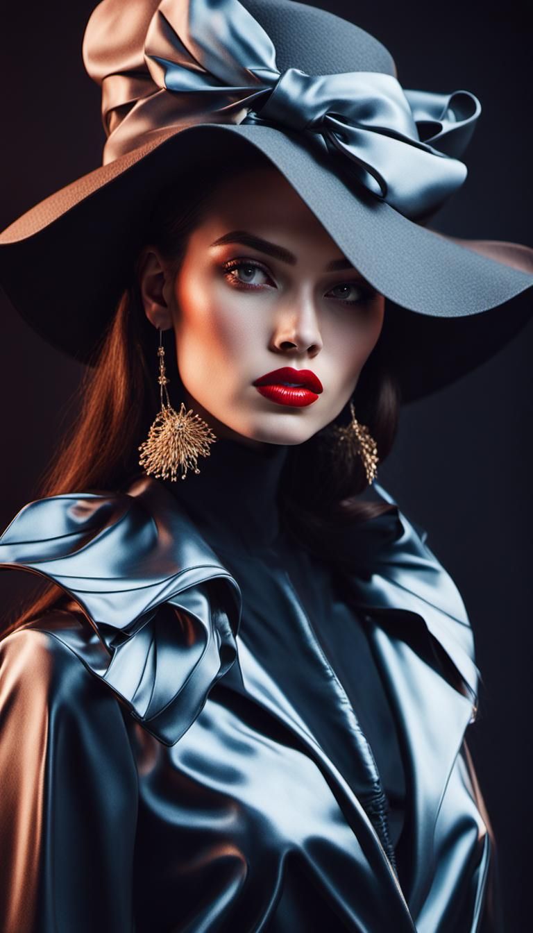 Fashion Model with Red Lips and Wavy Hair