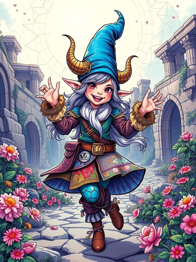Gnome Girl Dancing in Whimsical Fantasy World