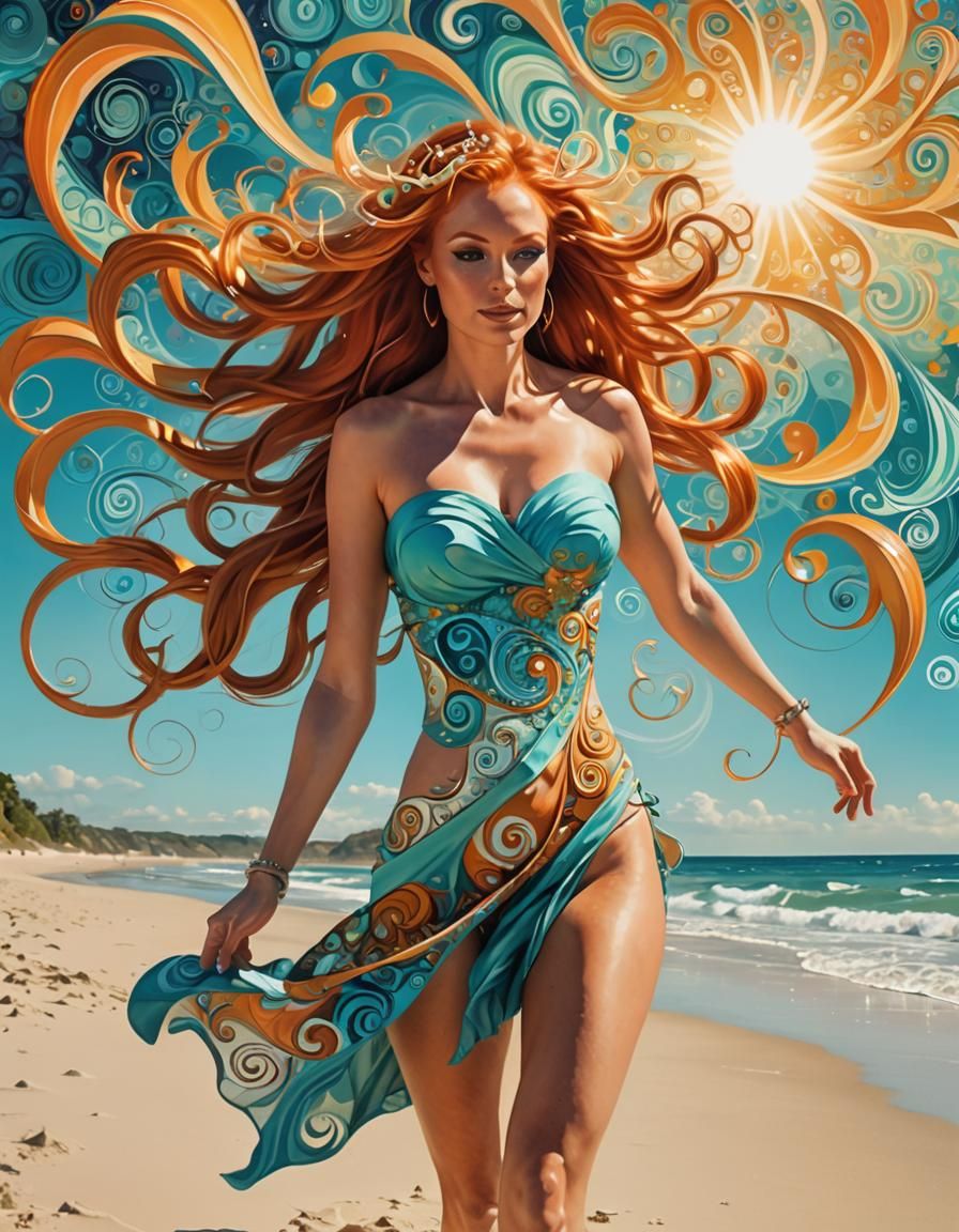 Fractal Haired Woman on Beach in Gouache Style