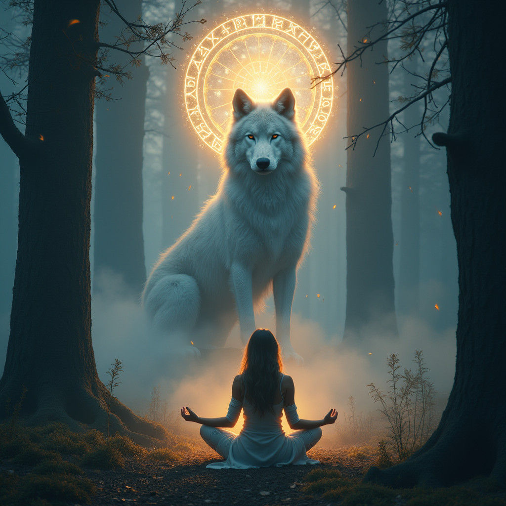 Mystical Forest Meditation with Wolf Spirit in Digital Art
