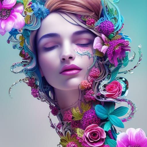 Floral Liquid Face: Breathtaking Hyperrealistic Artwork