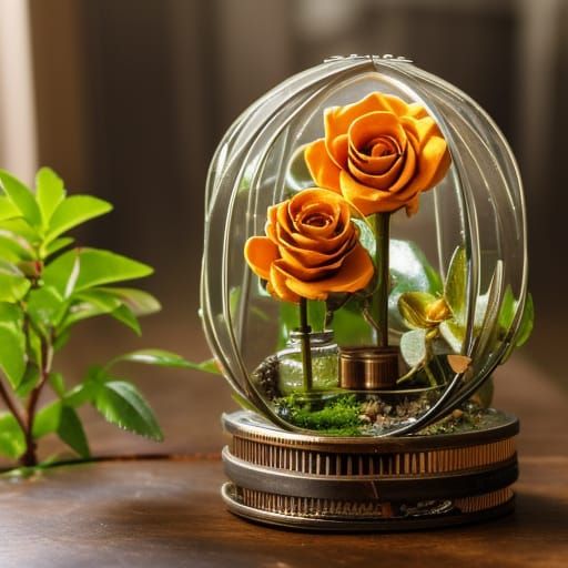 Steampunk Golden Rose Terrarium: A Clockwork Bloom