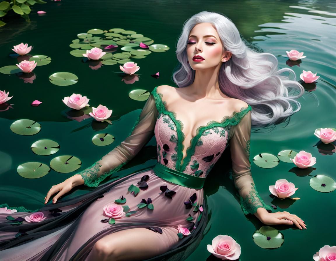 Woman in Pink Gown Swimming in Lake