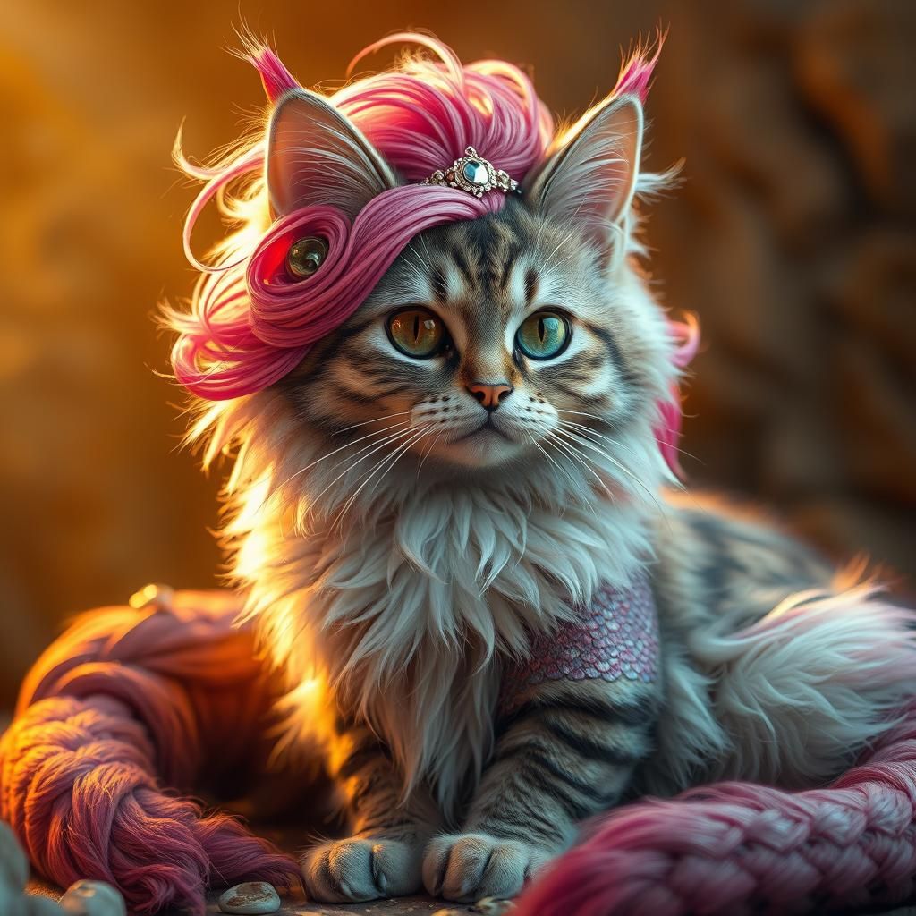 Dragon Scale Cat with Pink Hair, Oil Painting