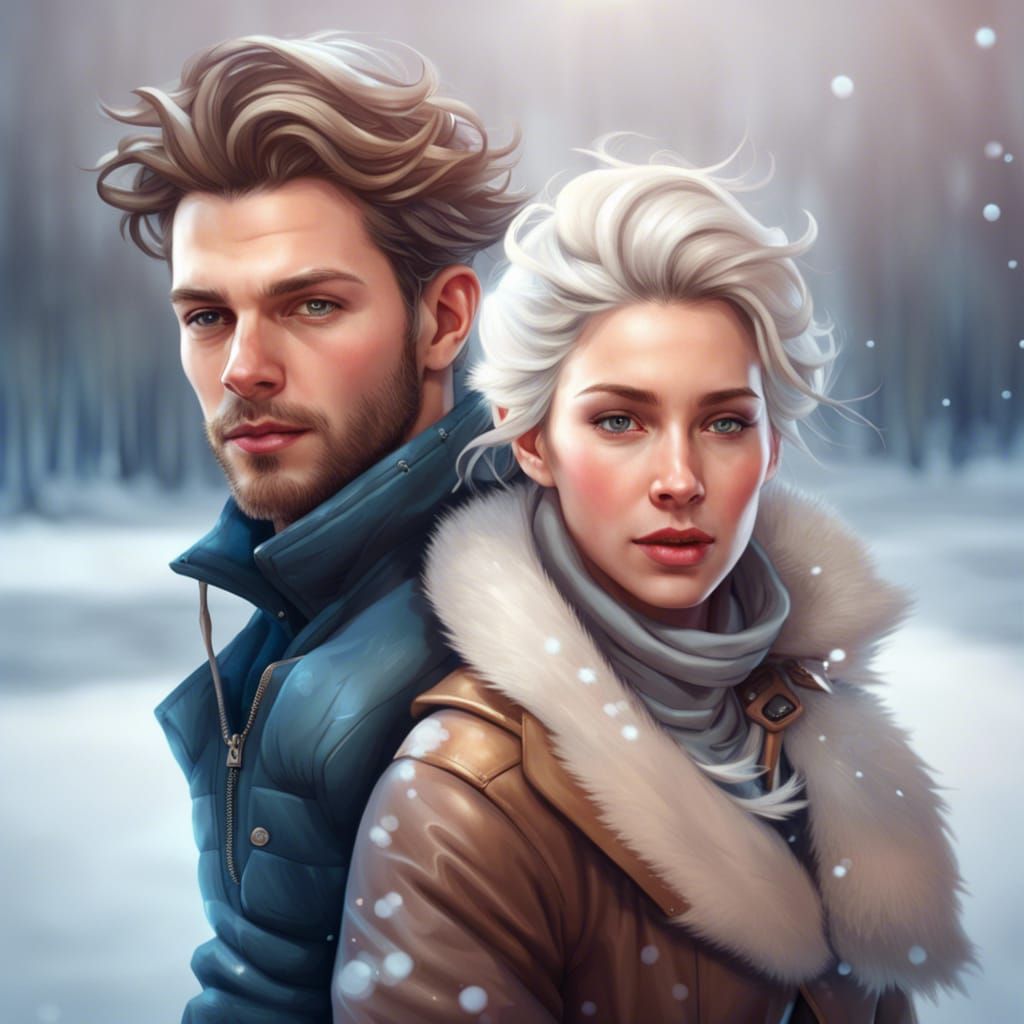 Couple Skating on Frozen Lake in Winter