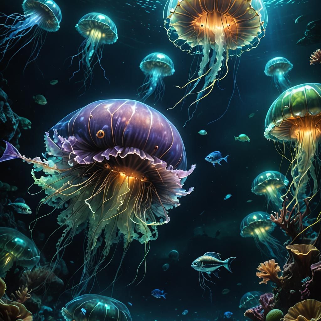 Marlin and Dory in a Dark Bioluminescent Sea