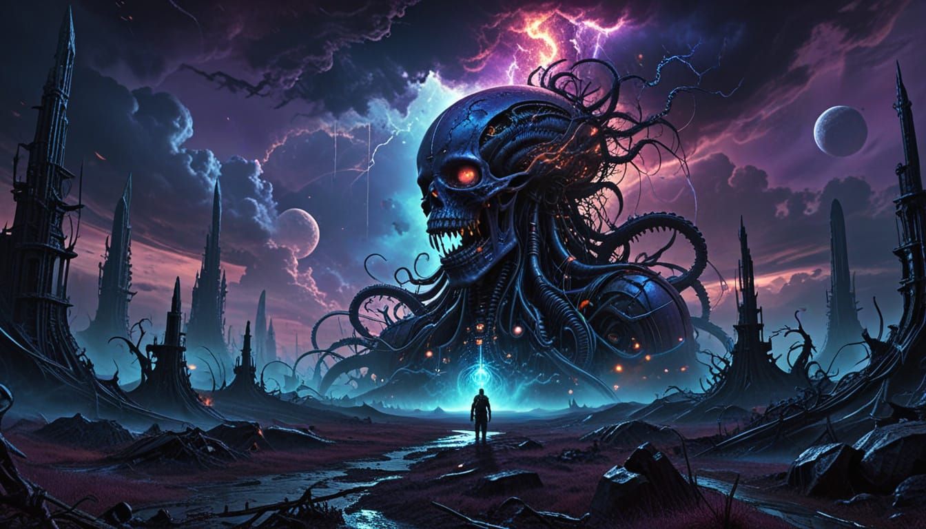 Post-Apocalyptic Biomechanical Landscape in Surrealist Style