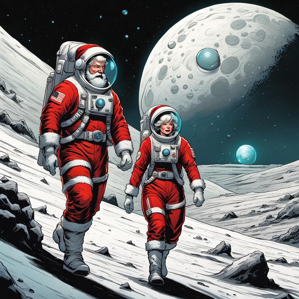 Santa and Mrs. Claus Moonwalk in Comic Style
