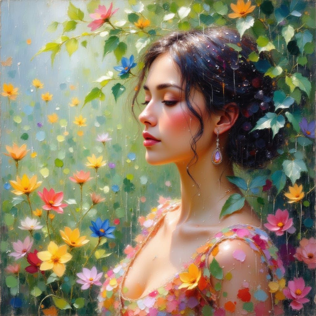 Sensual Woman Enjoying Summer Rain in Impressionistic Style