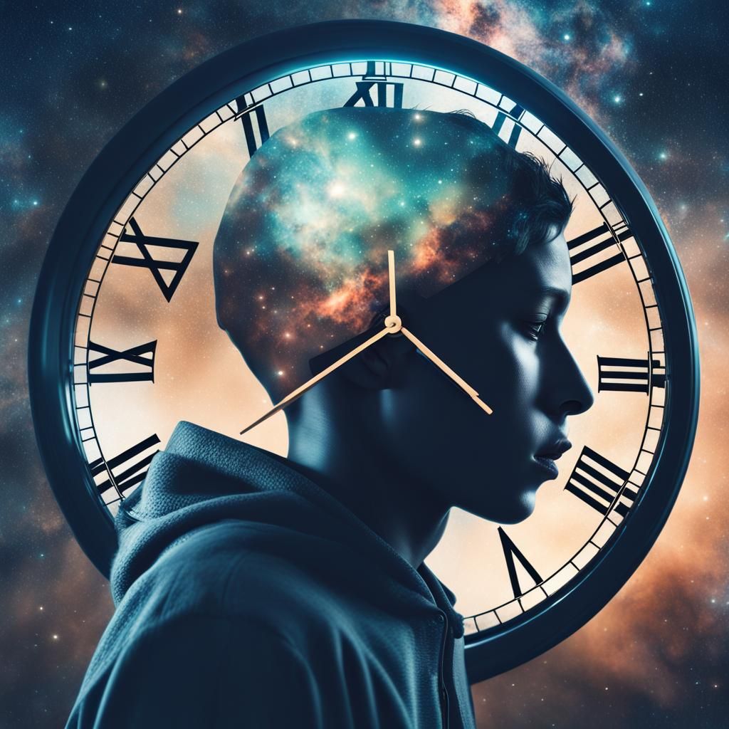Futuristic Double Exposure: Time, Galaxy, and Youth