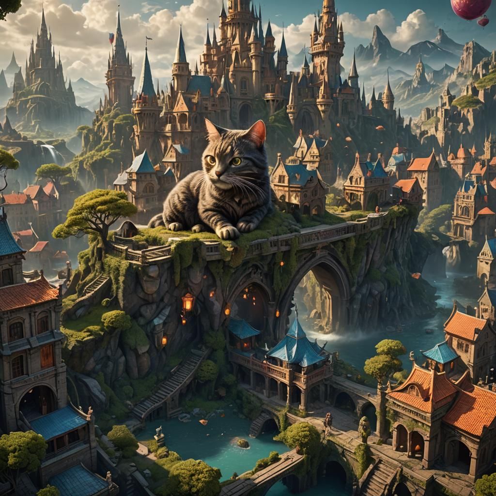 Fantastical Cat Mindscape in Detailed Digital Painting