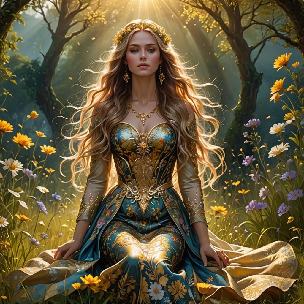 Goddess Kneeling in Meadow: Fantasy Concept Art
