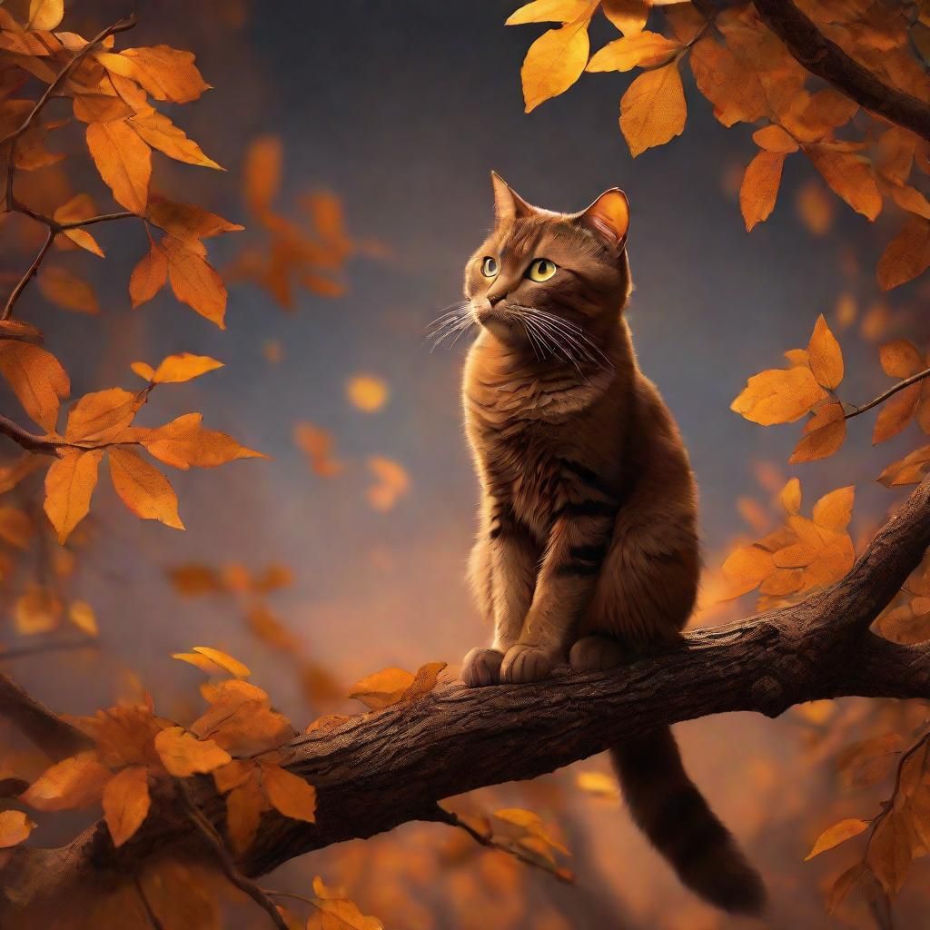 Brown Cat in Autumn Leaves, Matte Painting
