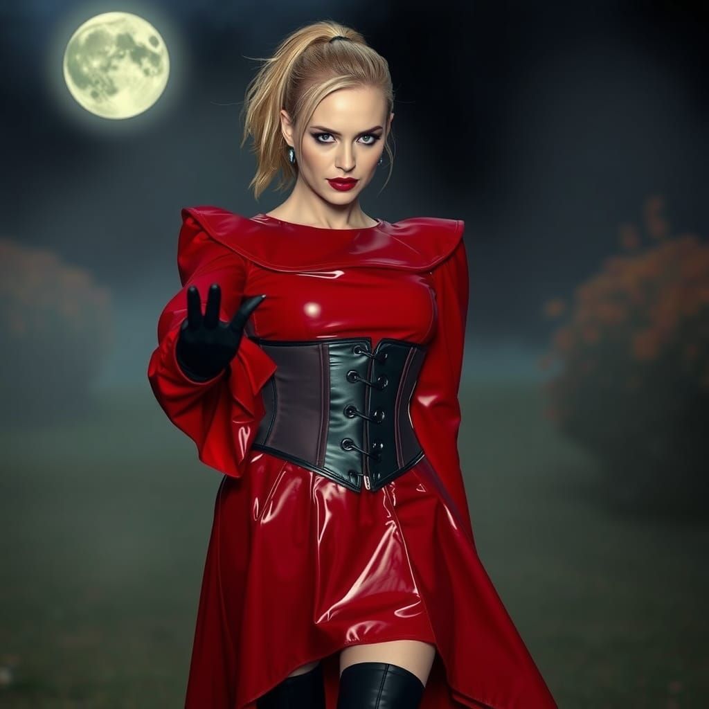 Gothic Woman in Red PVC Dress, Digital Art