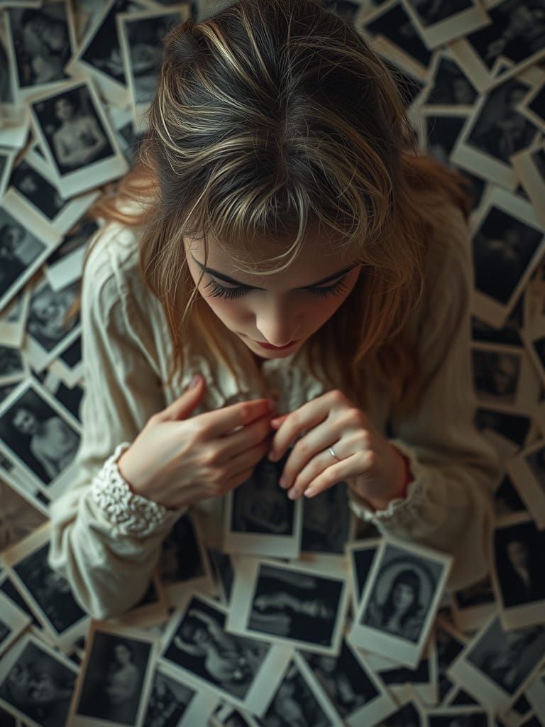 Ethereal Woman Surrounded by Vintage Photographs