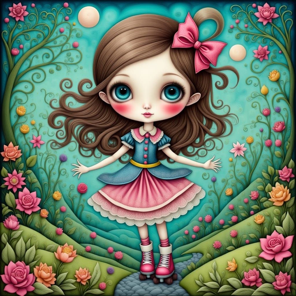 Quirky Girl on Roller Skates in Chalk Art Style