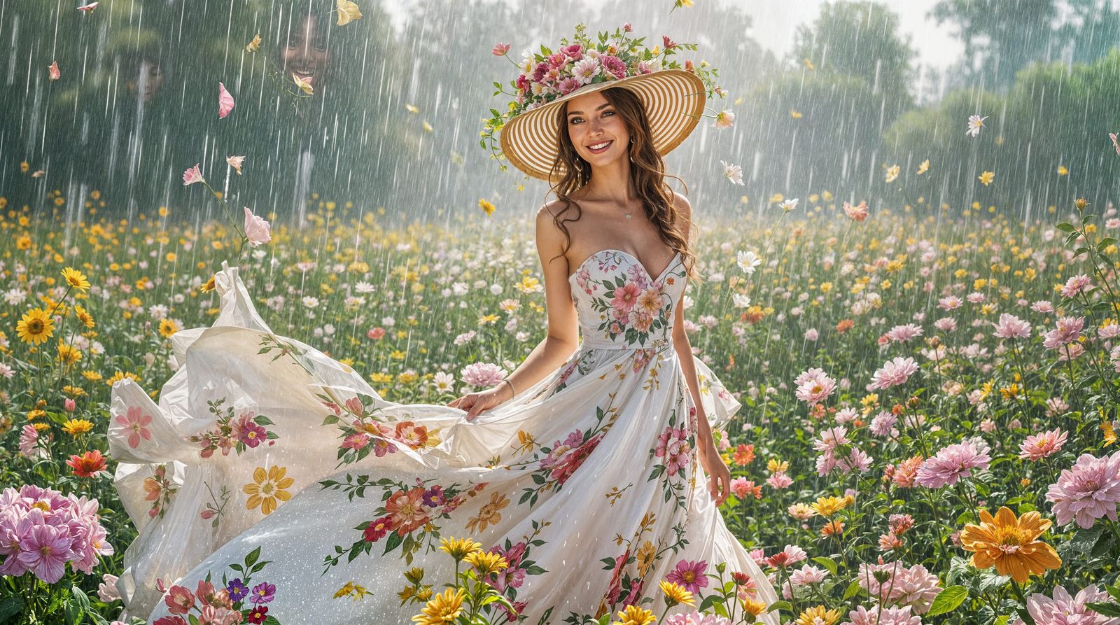 Joyful Woman in a Blooming Rainstorm