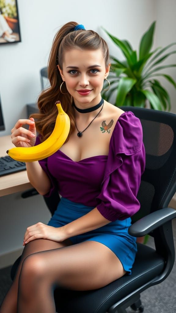 Sweaty Girl with Blue Hair Holding Banana