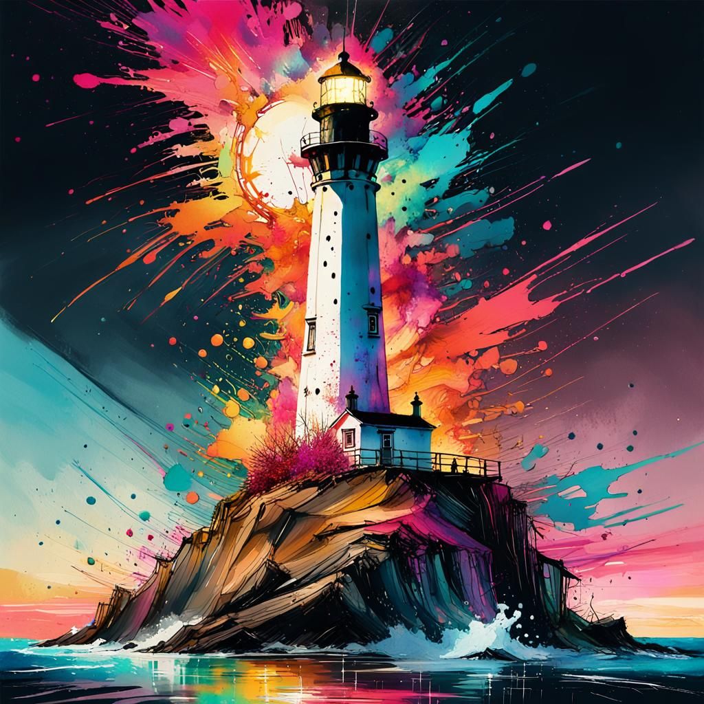 Neon Lighthouse in Ink Splatter Abstract Style