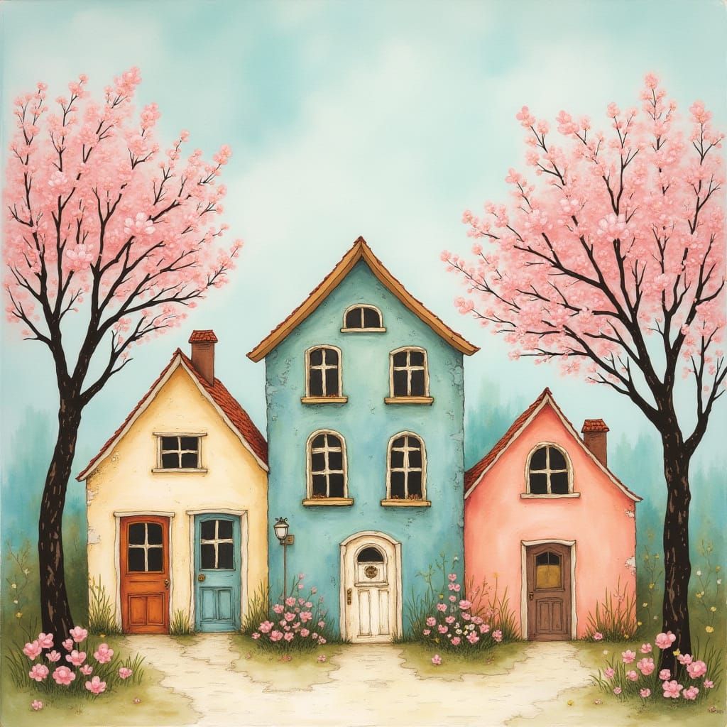 Whimsical Street Scene in Soft Pastel Hues