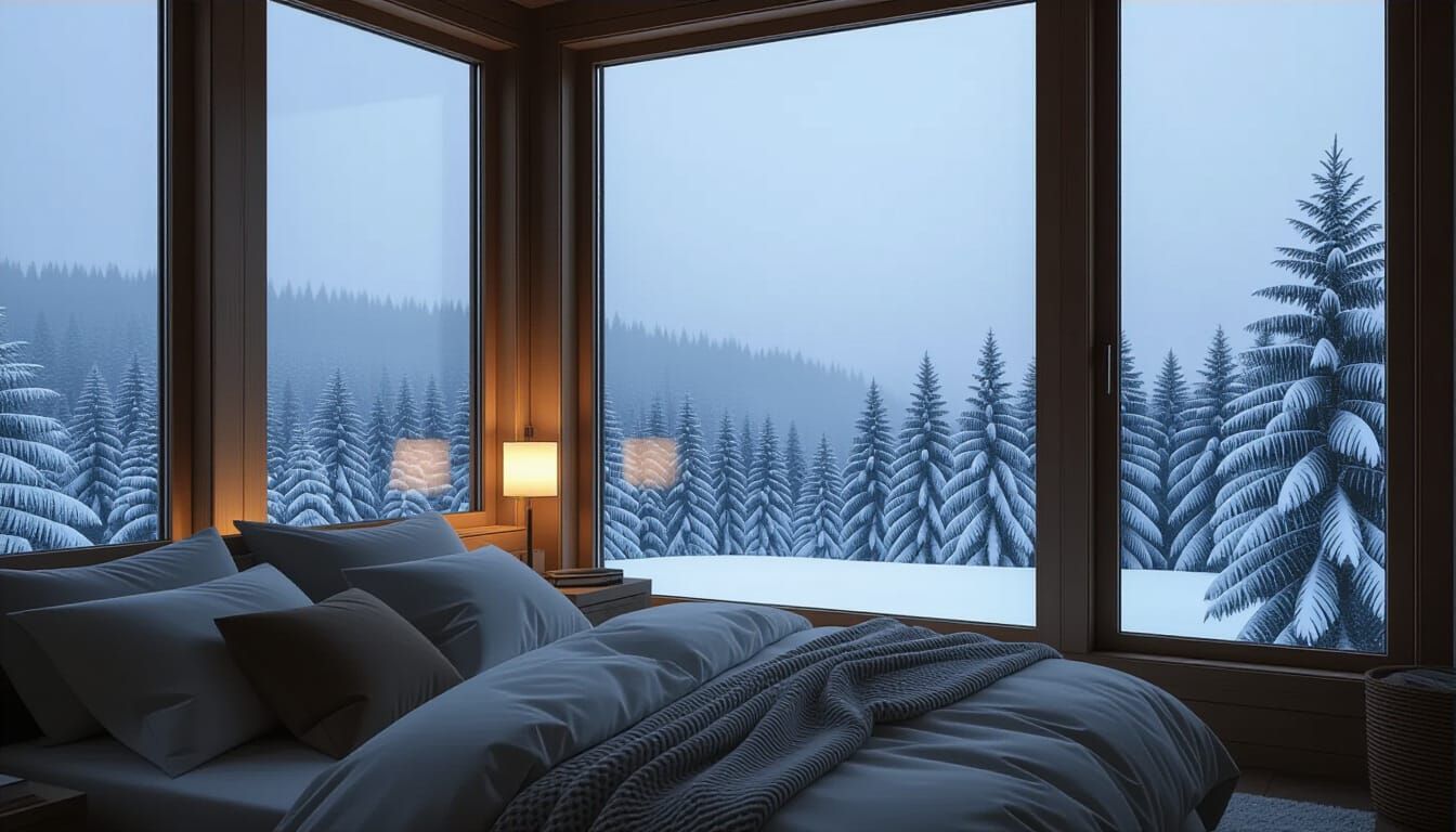 Cozy Bedroom with Forest View in Moody Light