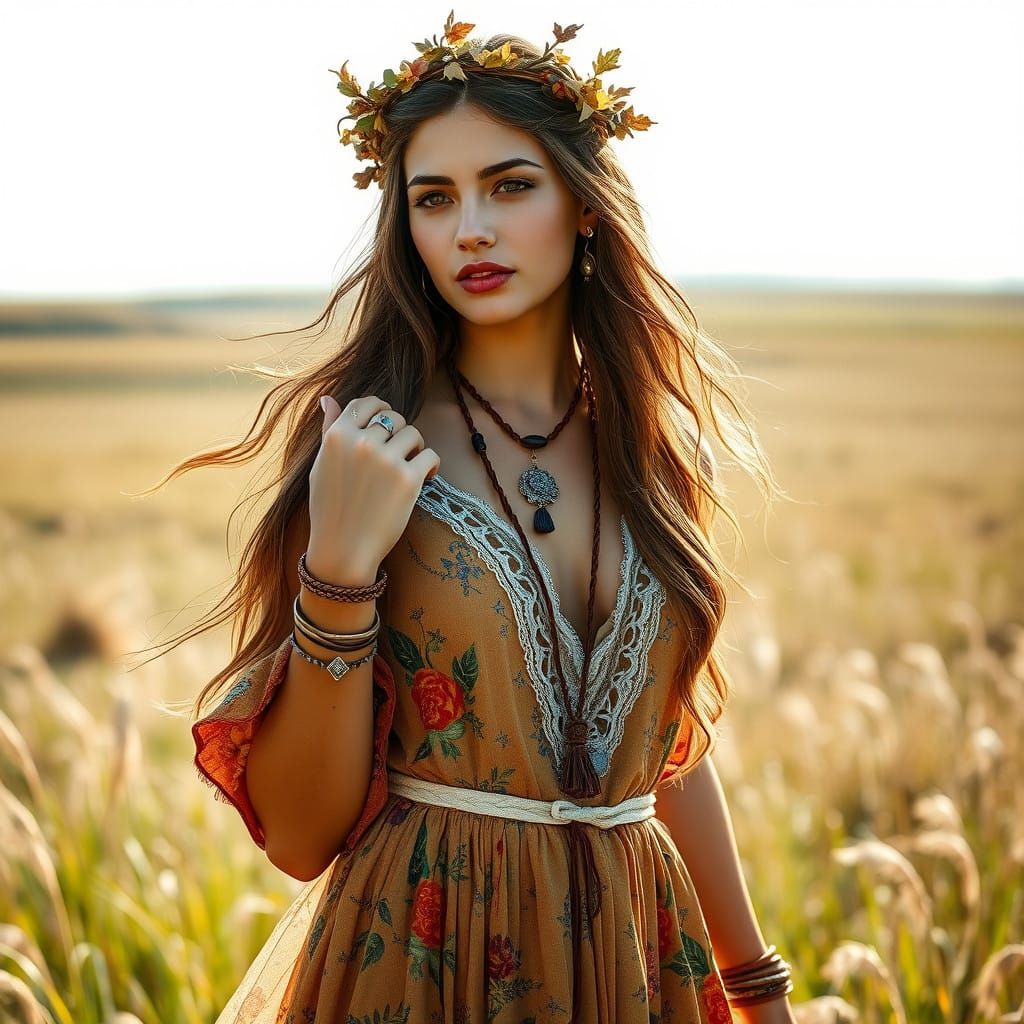 Bohemian Princess in Serene Sunlit Meadow