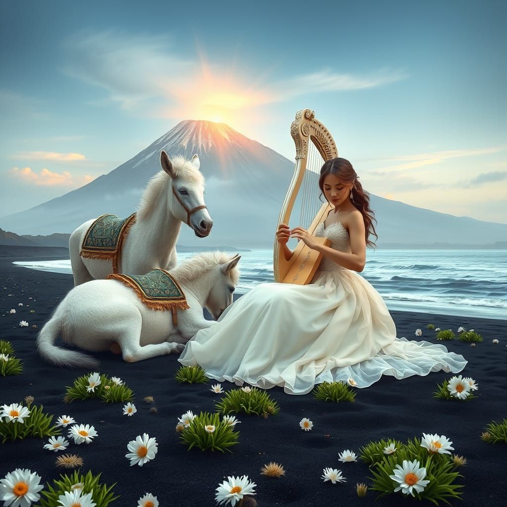Princess Amidst Volcanic Landscape in Dreamlike Setting