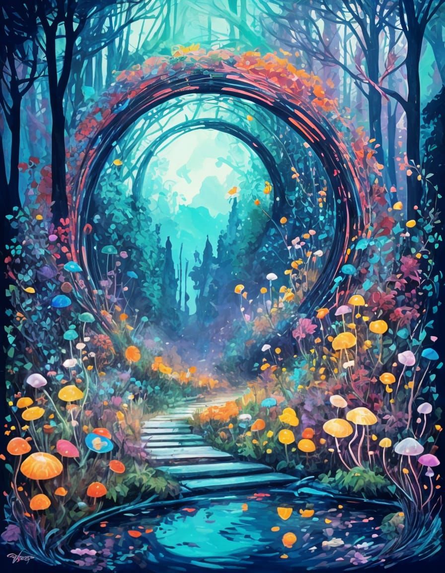 Cosmic Portal to Enchanted Forest, in Expressionist Style