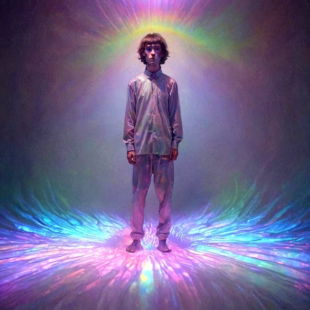 Iridescent Man with Large Eyes in a Crowd