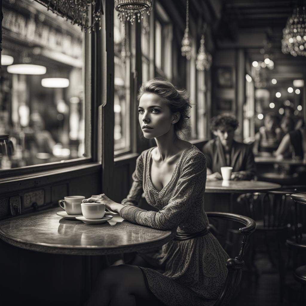 Elegant Woman in Cafe: Vintage Black and White Photo