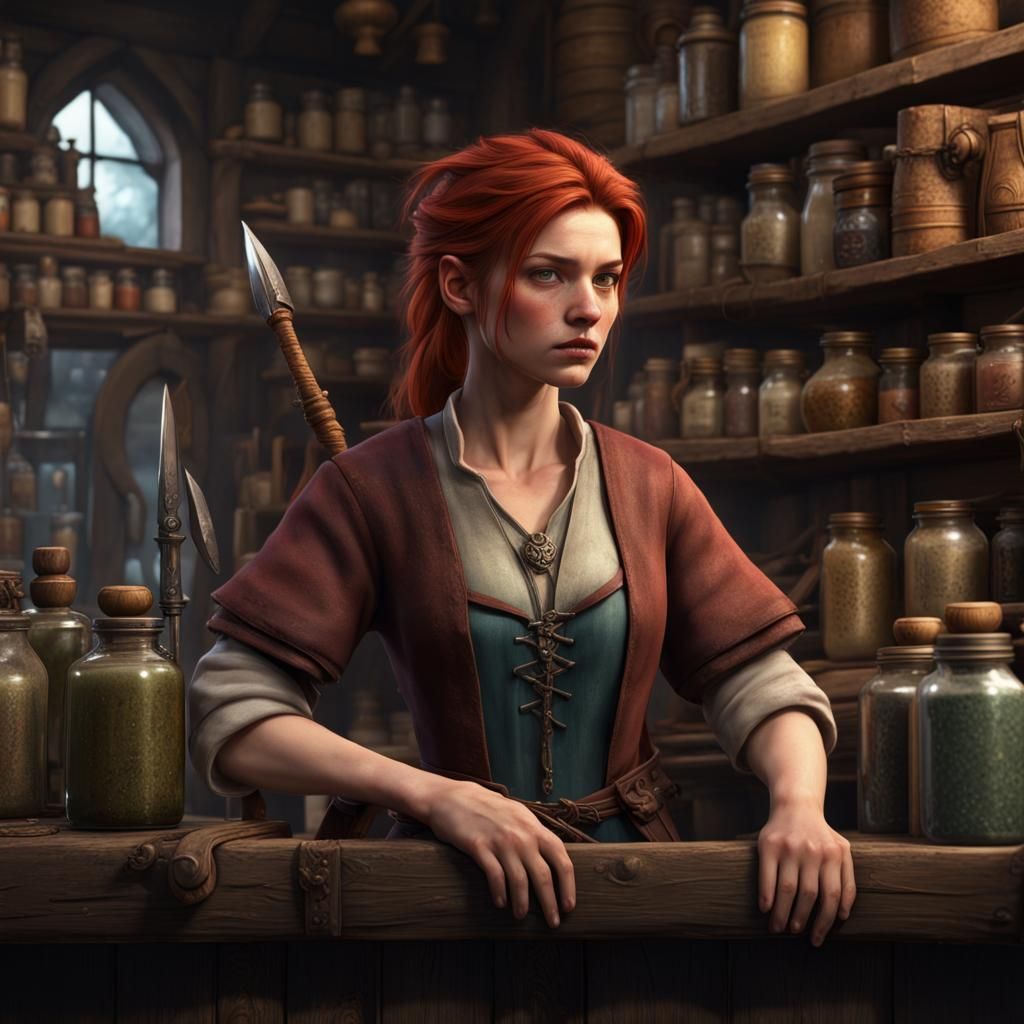 Auburn Shopkeep Glaring in Rustic Fantasy Shop