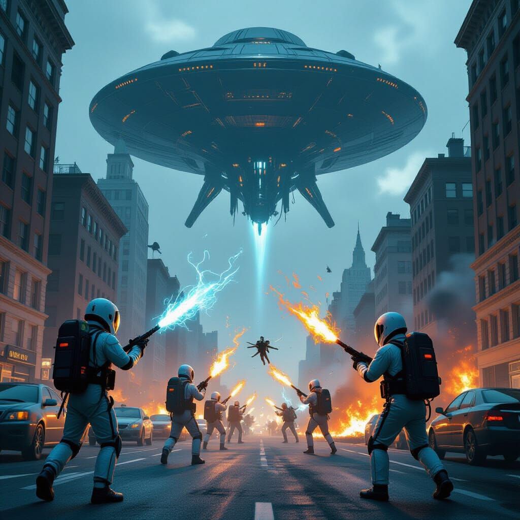 Alien Invasion of New York City: Futuristic Battle Scene