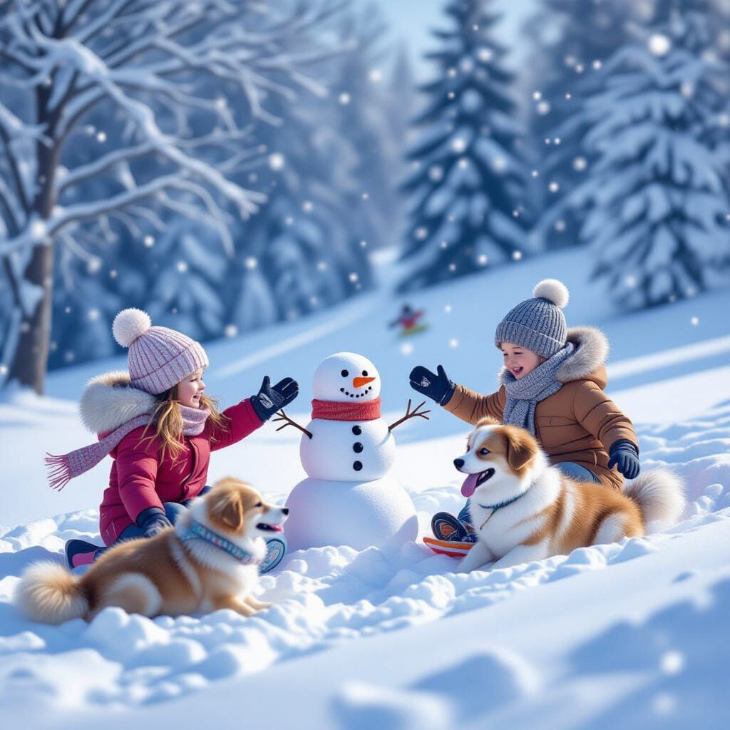 Children Playing in Snow with Dogs, 3D Winter Scene