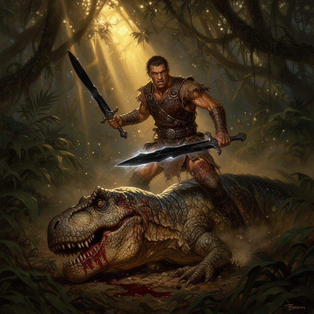 Warrior Defeats T-Rex in Prehistoric Jungle Dusk
