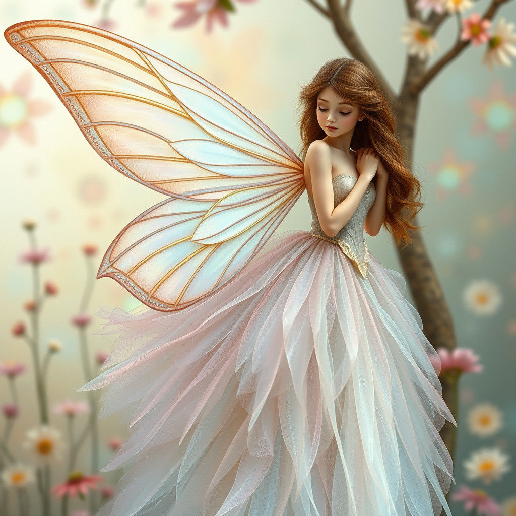 Ethereal Fairy in Iridescent Gown with Shimmering Wings