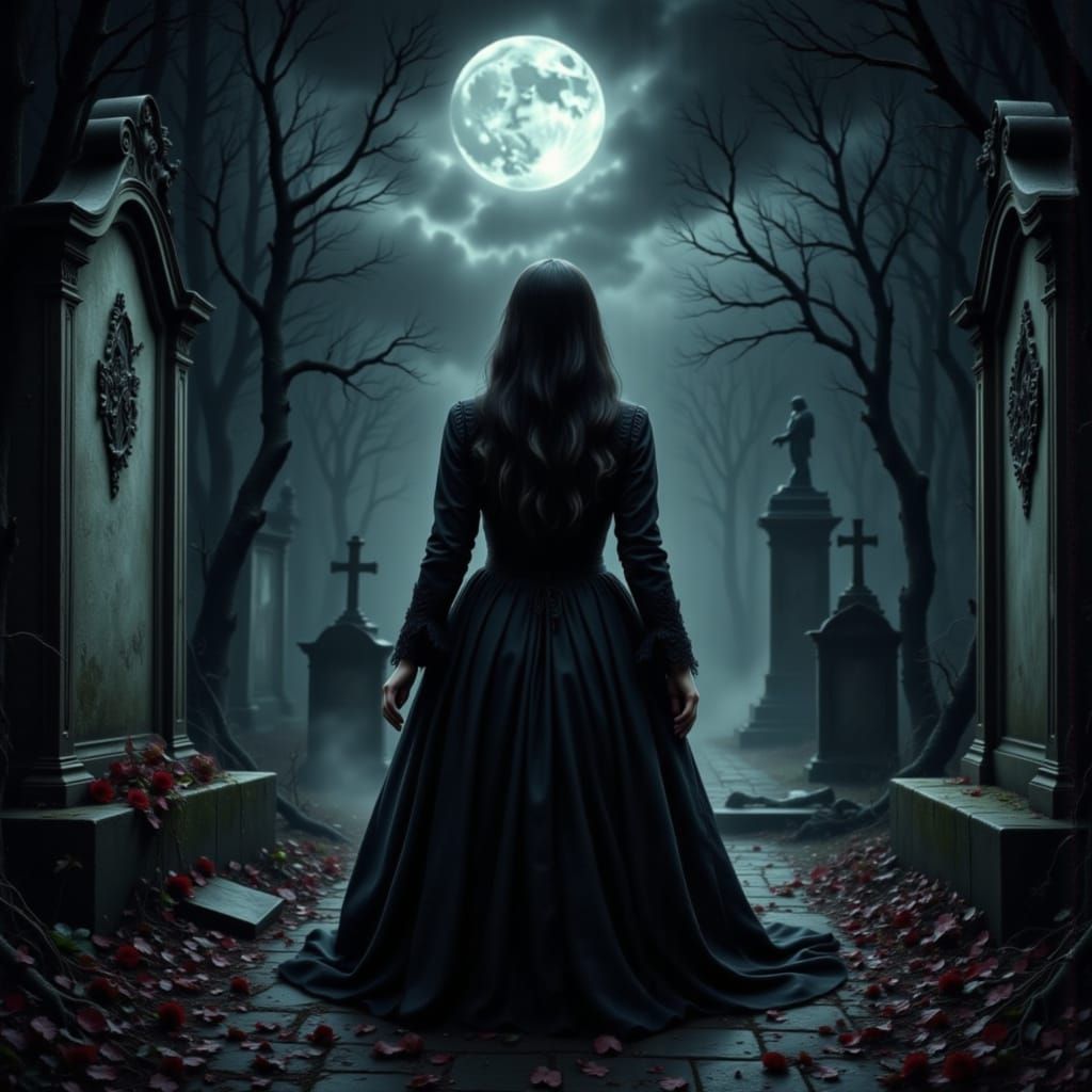 Gothic Woman in Abandoned Cemetery by Blood Moon